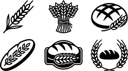 Fototapeta premium Black and white wheat ears and bread loaf icons vector art
