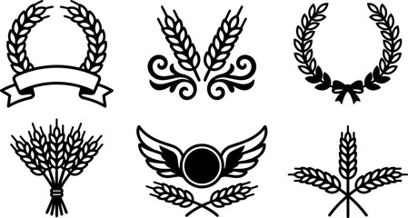 Fototapeta premium Black and white wheat ears and wreath icons with ribbons and wings vector art