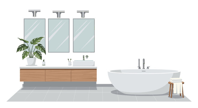 A spacious and contemporary bathroom interior displays a sleek white oval soaking tub, a floating wooden vanity with double sinks, and three rectangular mirrors.