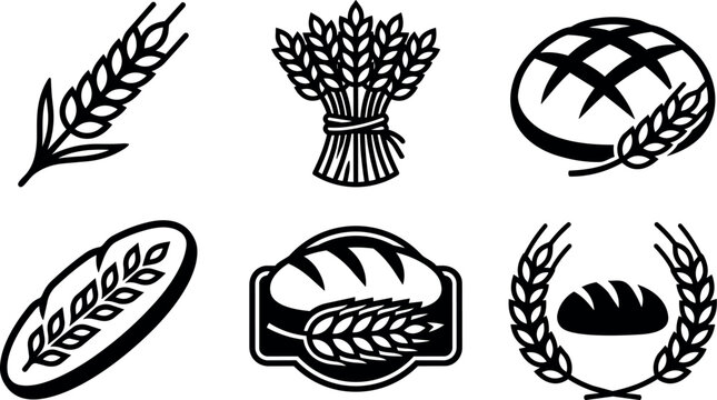 Black and white wheat ears and bread loaf icons vector art