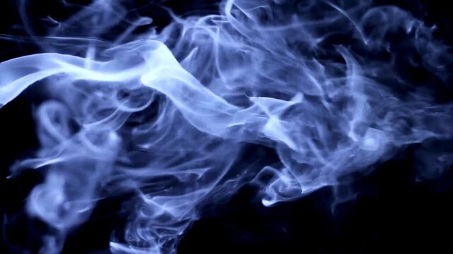 Blue smoke, wispy fog, misty vapor, swirling clouds, dark background