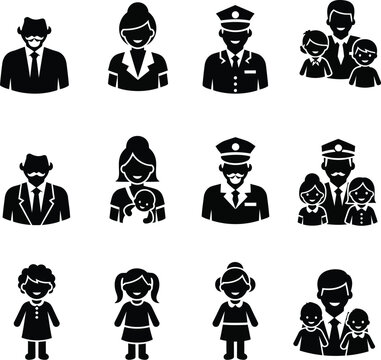Family, people, icons, black, silhouette, vector graphics, 12 pcs