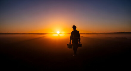Fototapeta premium Construction worker wearing glove carries tool on Labour Day morning at sunrise