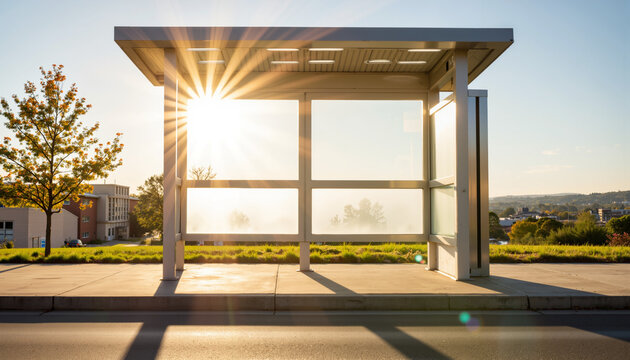 Modern bus stop with solar roof in morning sun and clear surroundings  