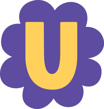 Uppercase U letter of English alphabet, vector kids happy font yellow, festive typeface in purple wavy arc-shaped frame