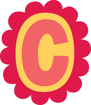 Uppercase C letter of English alphabet, vector bright festive pink typeface in wavy arc-shaped frame, kids happy font