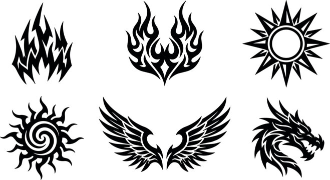 Black tribal flame sun wings and dragon vector art set