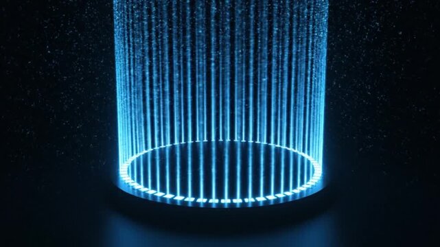 A mesmerizing video of blue neon lights forming a cylindrical shape in a dark room