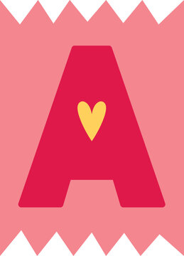 Uppercase A letter of English alphabet, vector kids happy font red typeface in pink zigzag shape frame with heart inside