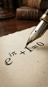 Fountain pen writing Euler identity on parchment paper. Classical scientific discovery and mathematical elegance. Nostalgic academic atmosphere. Use for educational or philosophical articles.