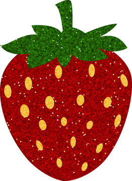 Strawberry with leaves glitter texture, vector farm organic natural red berry, juicy sweet fruit shiny shimmer sticker