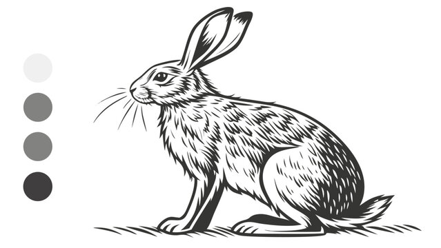 Vector illustration of a detailed black and white sketch of a wild rabbit or hare sitting on grass