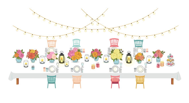 An elegant long dining table is beautifully adorned with vibrant floral centerpieces and glowing lanterns under delicate strings of warm hanging party lights.