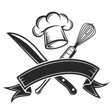 Vector illustration of a chef hat with crossed kitchen utensils and a blank ribbon banner for text, culinary