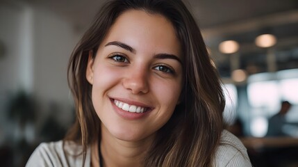 Fototapeta premium Smiling young woman in a cozy softly lit indoor setting looking directly at the viewer with warmth and confidence