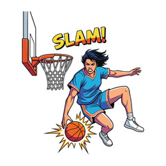 Female basketball player jumping high for a slam dunk into a hoop with energy vector illustration. © Vectonic Wave
