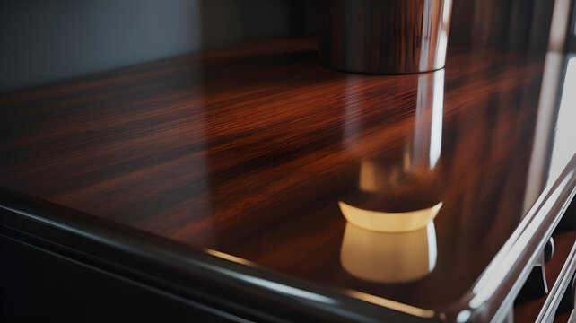 Highly polished rosewood surface reflects a blurred curved object