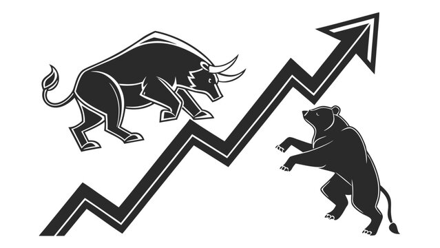 Vector illustration of a bullish market bull and a bearish market bear with an upward trend arrow, investment