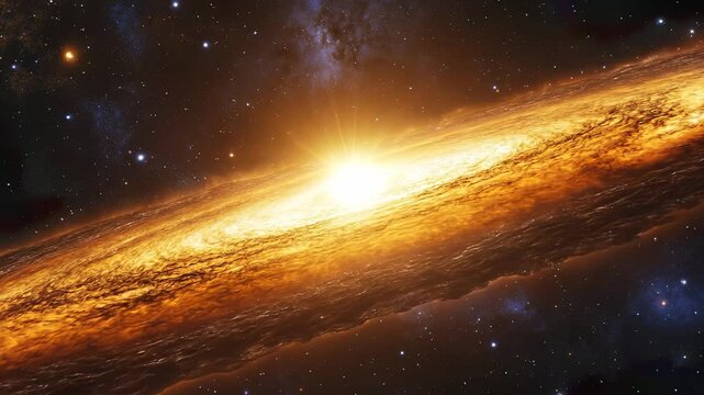 A brilliant cosmic galaxy, radiating light and energy across the vast universe, with swirling golden dust and countless distant stars illuminating deep space
