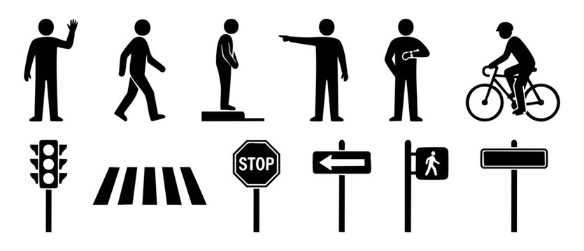 Pedestrian Traffic Icons Set, People Walking and Road Signs Symbols for Urban Navigation and Wayfinding Design, Vector Graphic Elements Isolated on White Background for Street Safety and Signage Syste