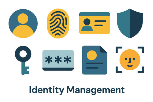 Identity Icon Set. Identity Management Icons in geometric flat style user profile, fingerprint, ID card, shield, key, password box, document file, face scan