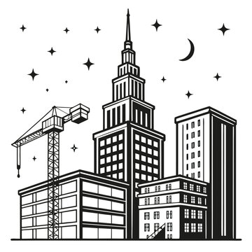 Vector illustration of a city skyline at night with towering skyscraper urban buildings construction crane
