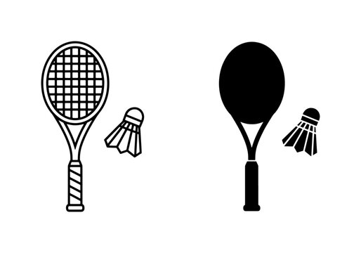 Tennis and Badminton Rackets with Shuttlecocks, Sports Equipment Icons, Vector Graphics
