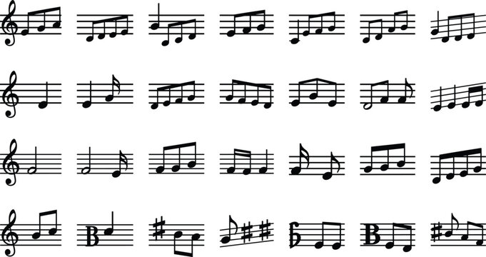 Set of music notes silhouettes with treble clef and staff symbols for song composition musical notation icons for classical concerts and education