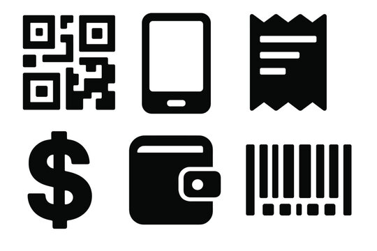 Bold Payment Icons Set. Digital Payment Icons silhouette set: QR code, smartphone, credit card, receipt, dollar sign, wallet app, barcode, checkmark
