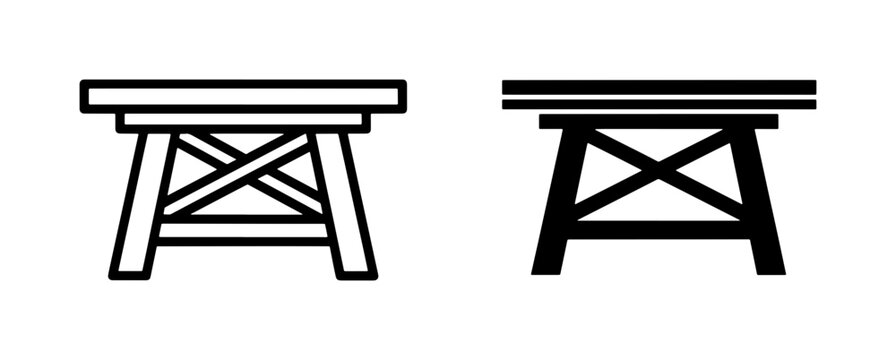 Simple trestle table icons, line art and solid silhouette, furniture design elements