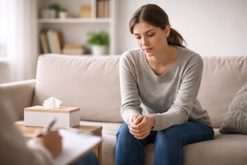 Obraz premium Woman sitting on sofa during therapy session, mental health and support concept.
