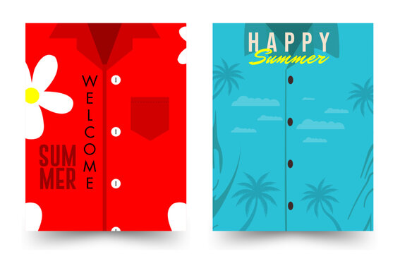 Summer Poster Design Template Featuring Tropical Floral Red Shirt and Palm Tree Blue Shirt with Welcome Summer and Happy Summer Headlines