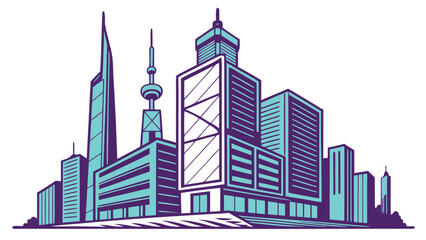 Obraz premium Vector illustration of a futuristic city skyline with tall modern skyscrapers in teal and purple colors