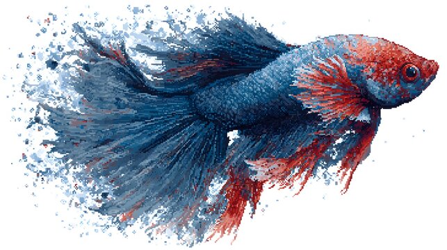 Vibrant Blue and Red Betta Fish Pixel Art Illustration Isolated