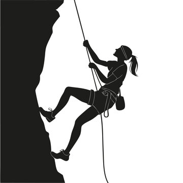 Vector illustration silhouette of a woman rappelling down a cliff face with rock climbing, extreme sports