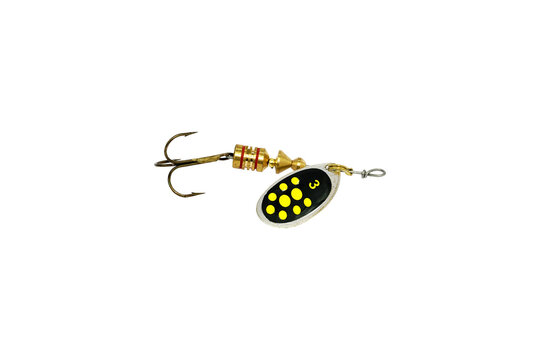 Metal Spinner Fishing Lure Black With Yellow Hinge With Treble Hook Isolated On Transparent Background PNG