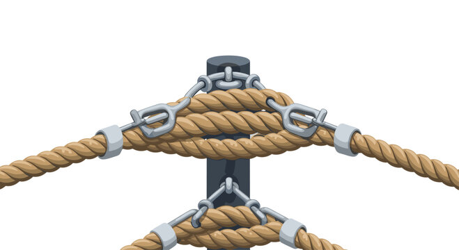 Detailed close-up view highlights the metallic turnbuckles and thick braided ropes securely fastened to a dark grey corner post of a professional boxing ring.