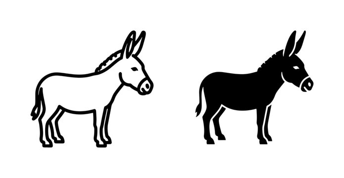Minimalist black and white silhouette set of two donkeys one in monochrome outline style on left side