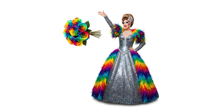 A drag queen in a vibrant silver and rainbow costume holding a bouquet of colorful roses.
