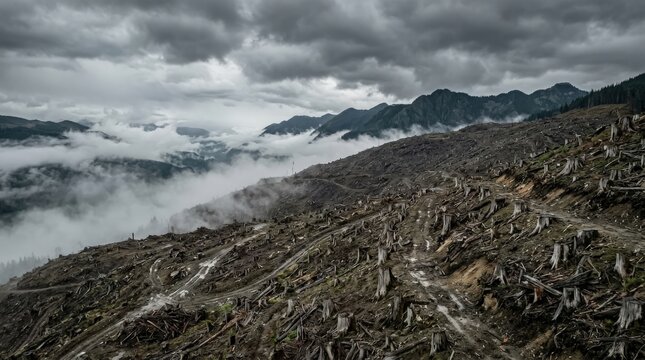 Dramatic deforested mountain hillside with misty clouds and eroded landscape