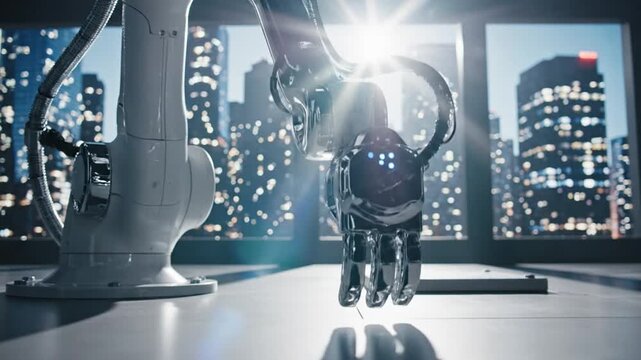 Robot arm interacting with a smartphone in a futuristic office.