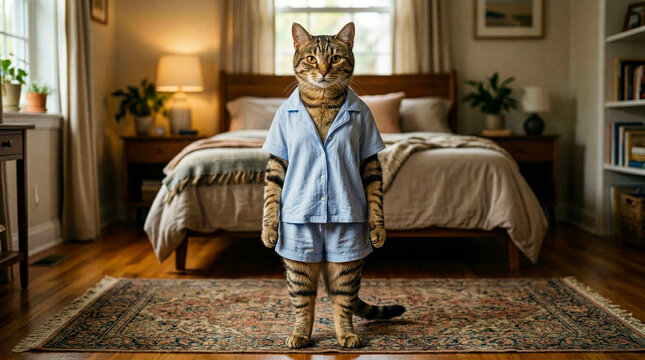 A charming anthropomorphic cat stands in a cozy bedroom wearing pajamas, blending humor and lifestyle storytelling in a detailed 3D scene.