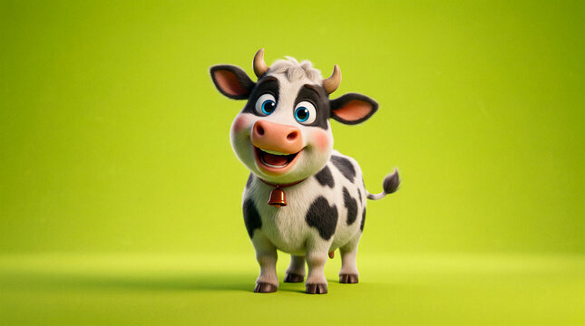 A cheerful cartoon cow character stands on a bright green background, radiating playful energy and friendly appeal.
