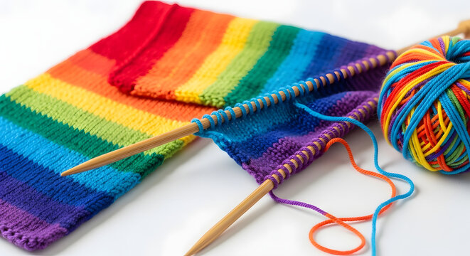 A ball of rainbow colored yarn and knitting needles with a partially knitted sock and a completed one