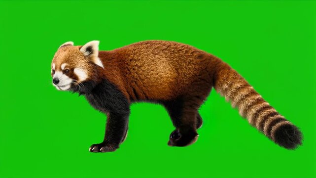 red panda walking and turn around isolated on green background
