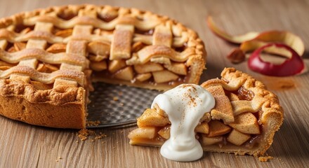 Fototapeta premium a delicious homemade apple pie with a slice cut out on wooden table with whipped cream on top and fr