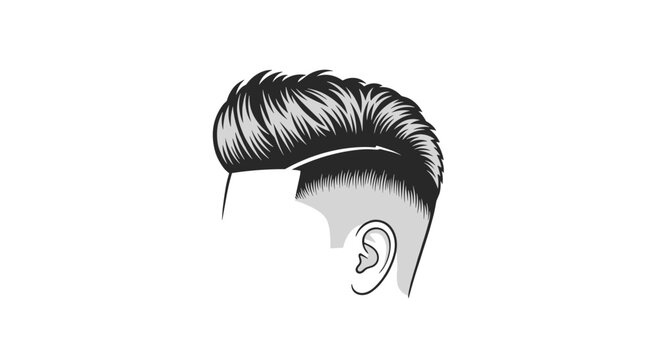 Stylish monochrome illustration depicts a modern male haircut featuring a sharp side part, textured pompadour top, and a clean skin fade around the ear.