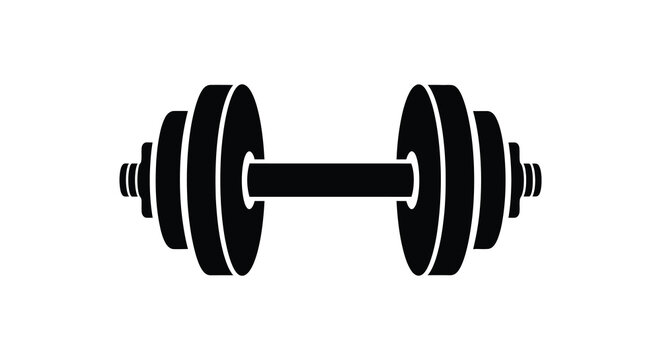 A stark black depiction of a barbell with circular weight plates on either side presented as a silhouette