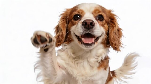  spaniel dog making high five isolated on white background