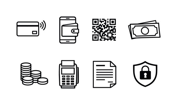 Payment methods: contactless card, mobile wallet, QR code, cash banknotes, coins stack, payment terminal, invoice document, lock shield.